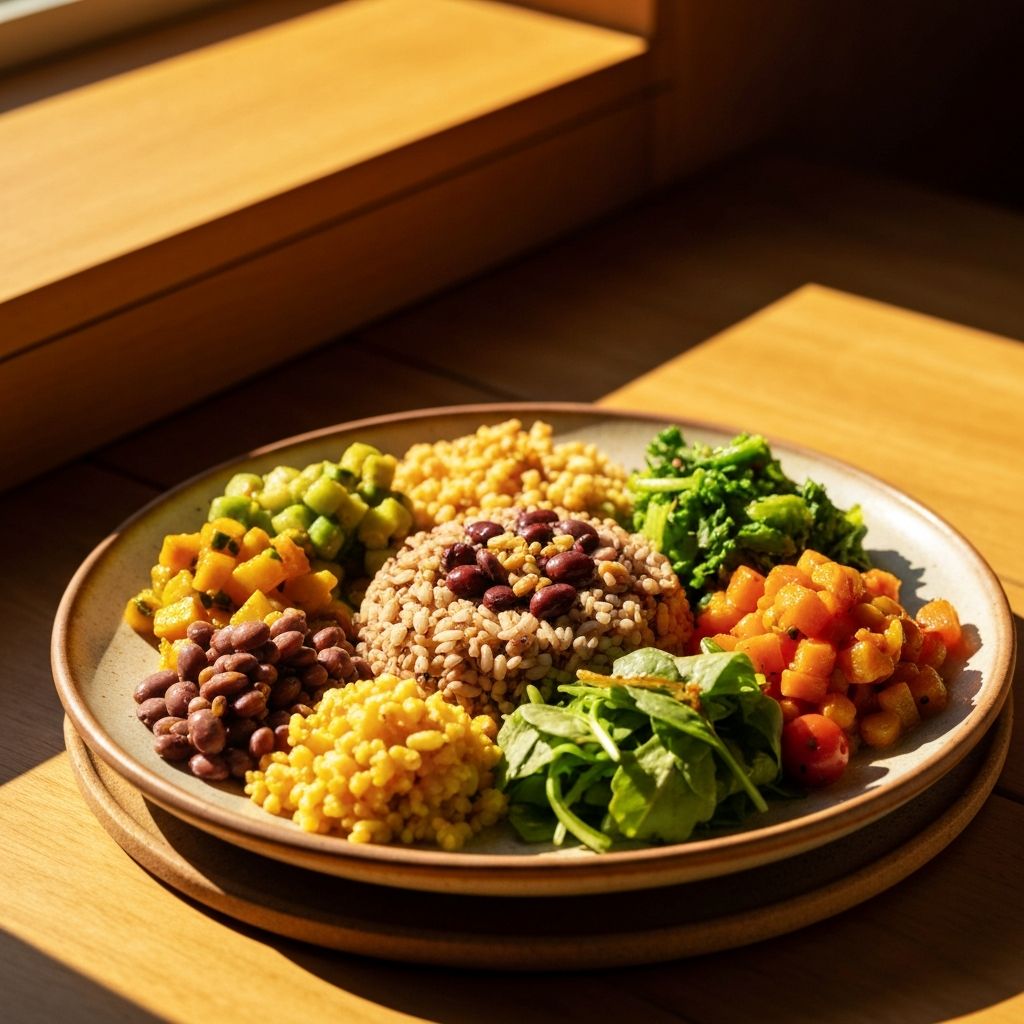Beautifully arranged balanced meal with vegetables, grains, and proteins