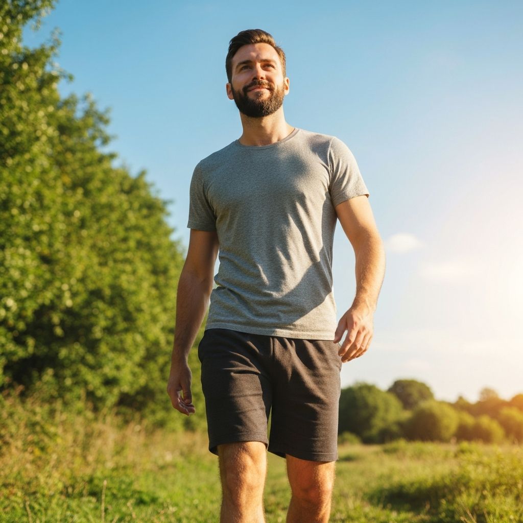 Man in casual clothing engaged in active movement outdoors